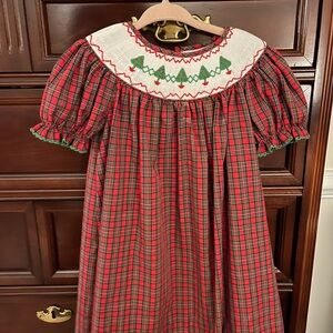 Red Plaid Smocked Bishop Dress with Christmas Trees